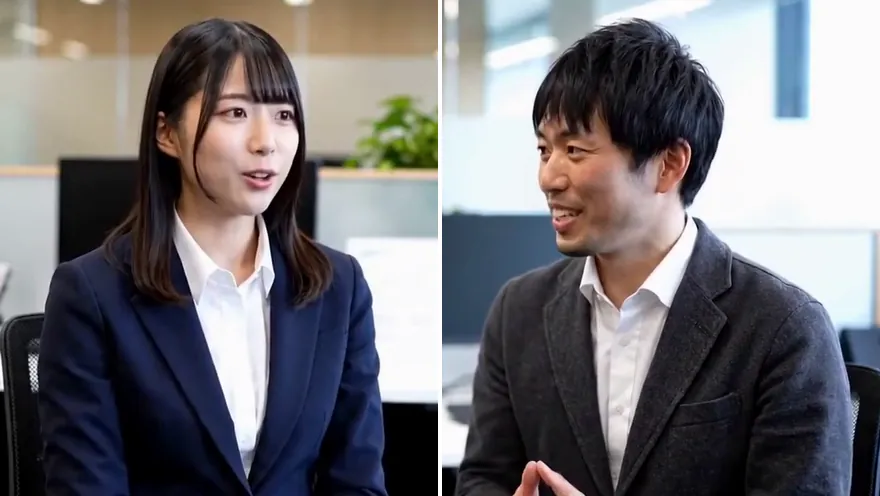 元の横長の動画から、話している2人（女性と男性）の場面を左右に並べたもの