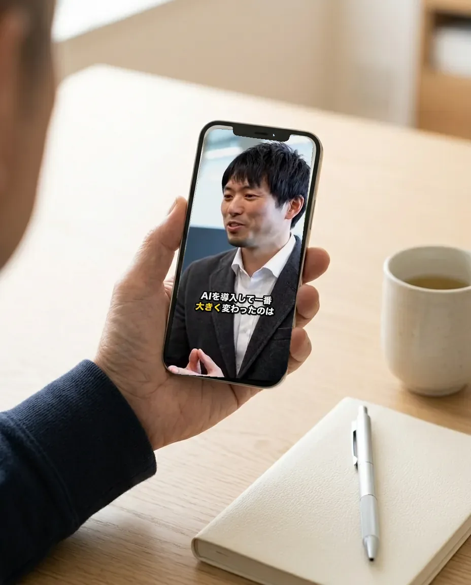机の上でスマートフォンを縦に持ち、字幕の出ている縦型の短い動画を見ている手元