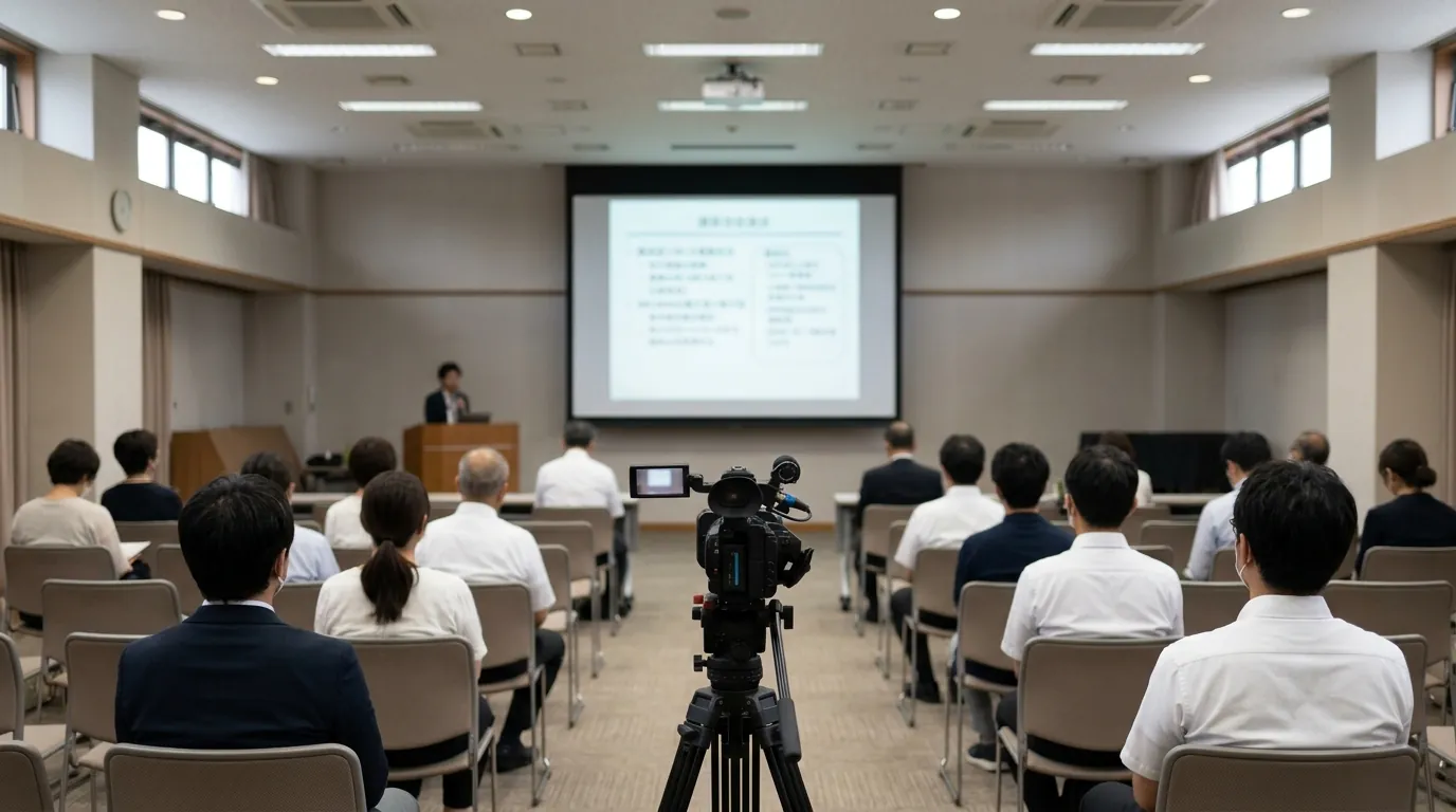 講演会場を客席の後ろから見た様子。前に演台とスライドを映したスクリーン、手前に後ろ姿の聴講者と三脚のビデオカメラ
